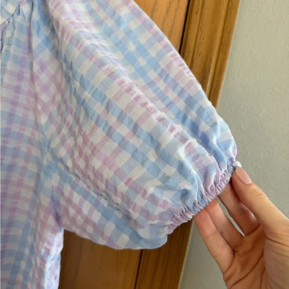 LOFT Blue & Lavender Pastel Gingham Tie-Neck Puff Sleeve Blouse Women’s Size L - Picture 3 of 11